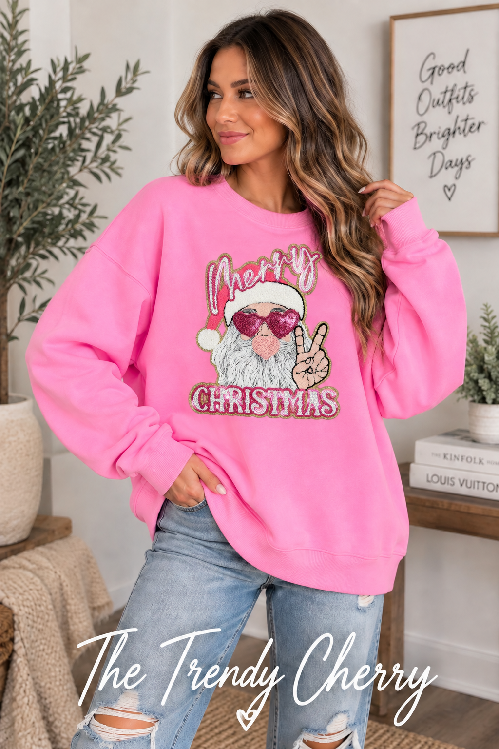 Merry Christmas Santa Patch Candy Pink ZENANA Relaxed Fit sweatshirt