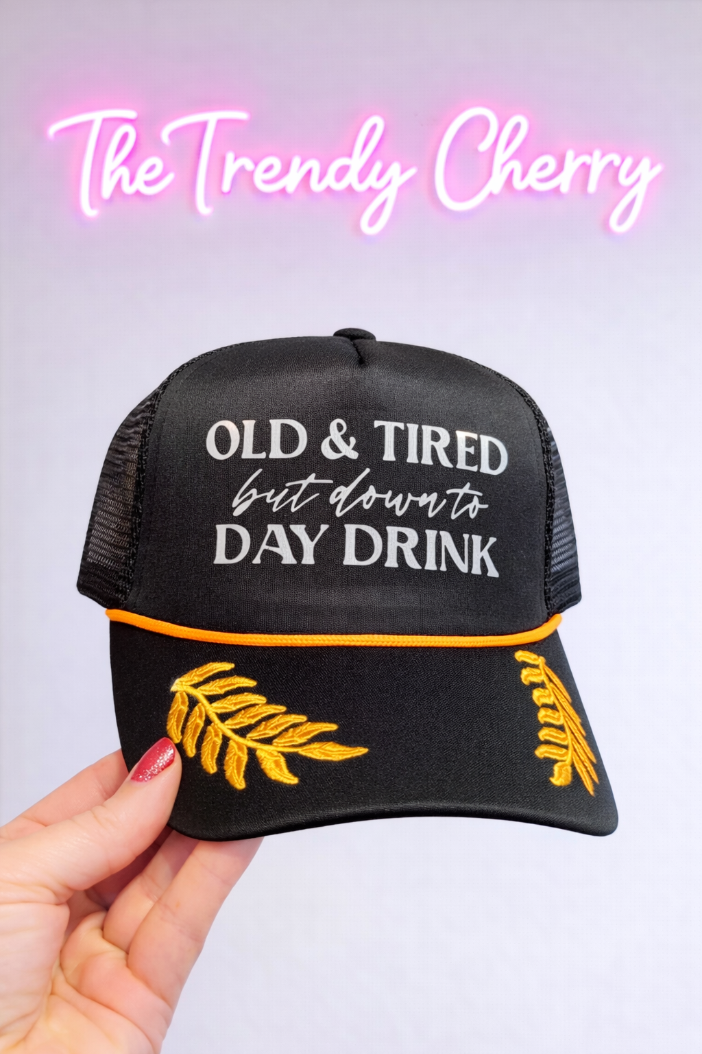 Black old and tired but down to day drink black trucker hat