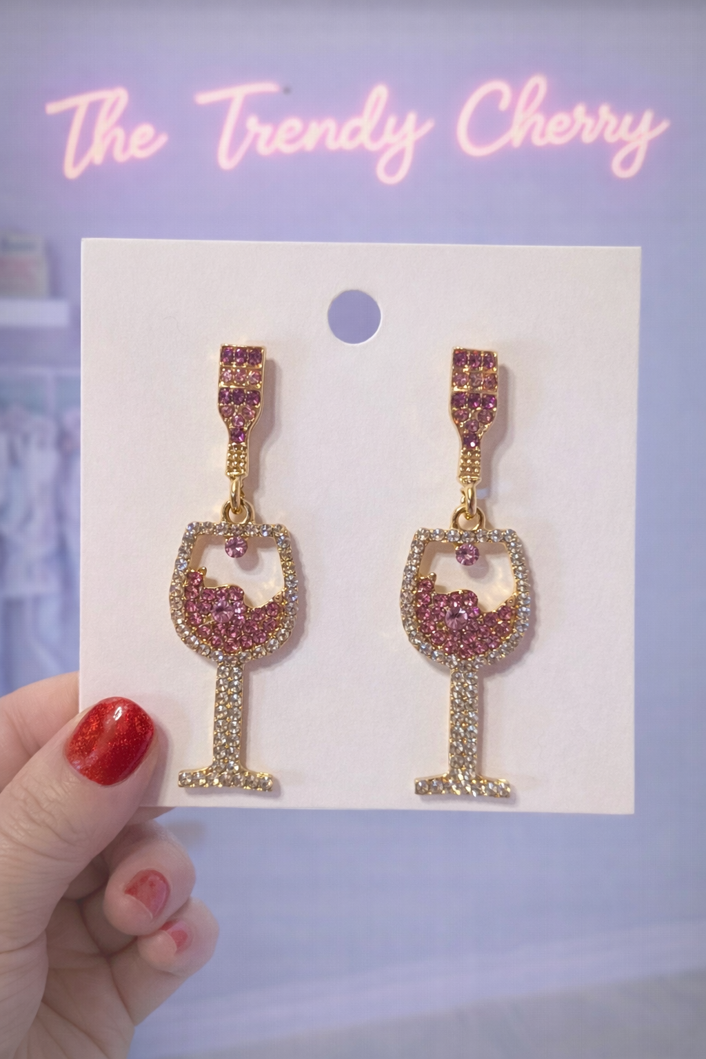 Pink wine glass rhinestoned earrings