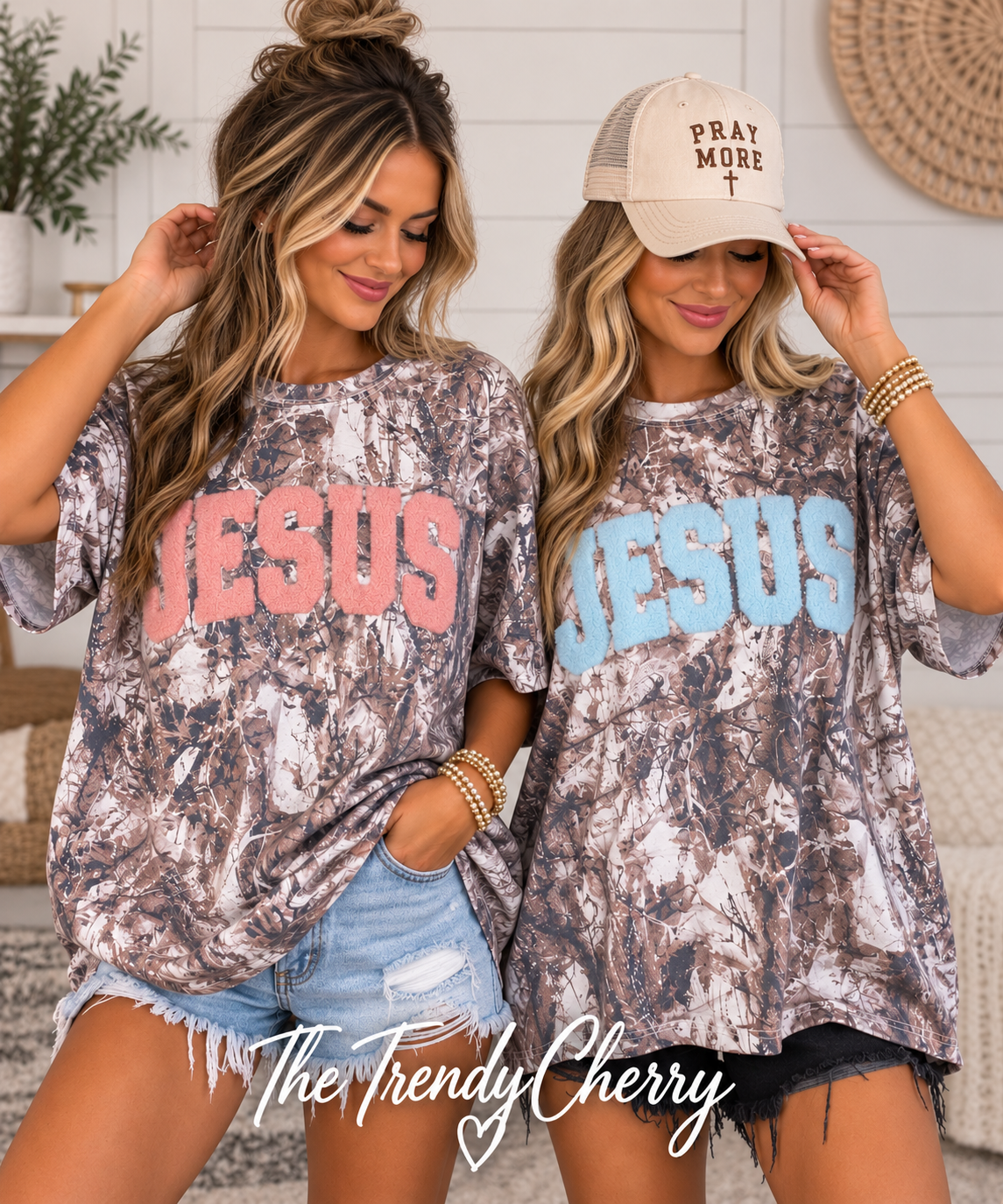 Fuzzy Jesus Patch on Camo Boyfriend T-shirt