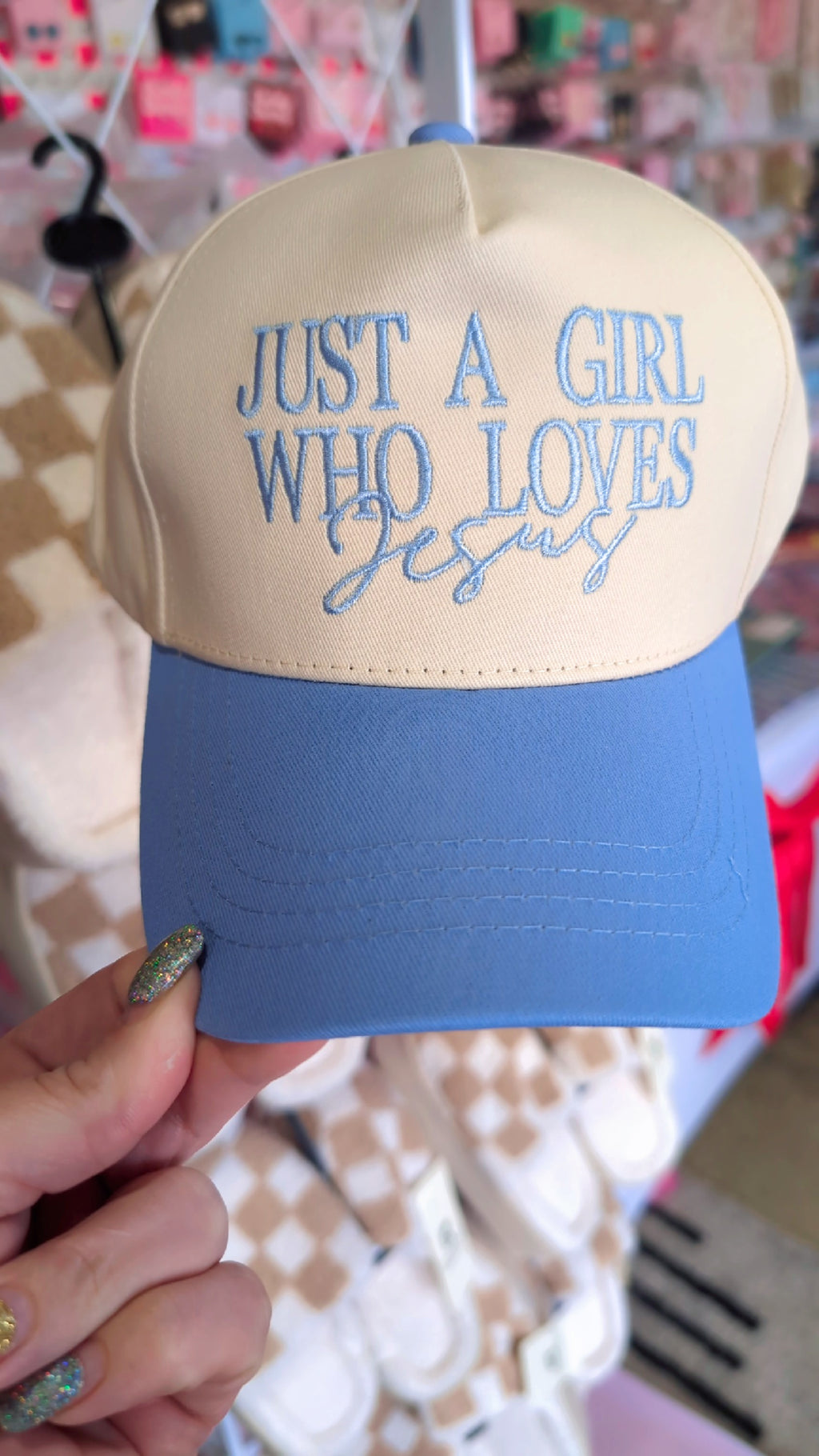 Just a girl who loves Jesus canvas baby blue trucker hat