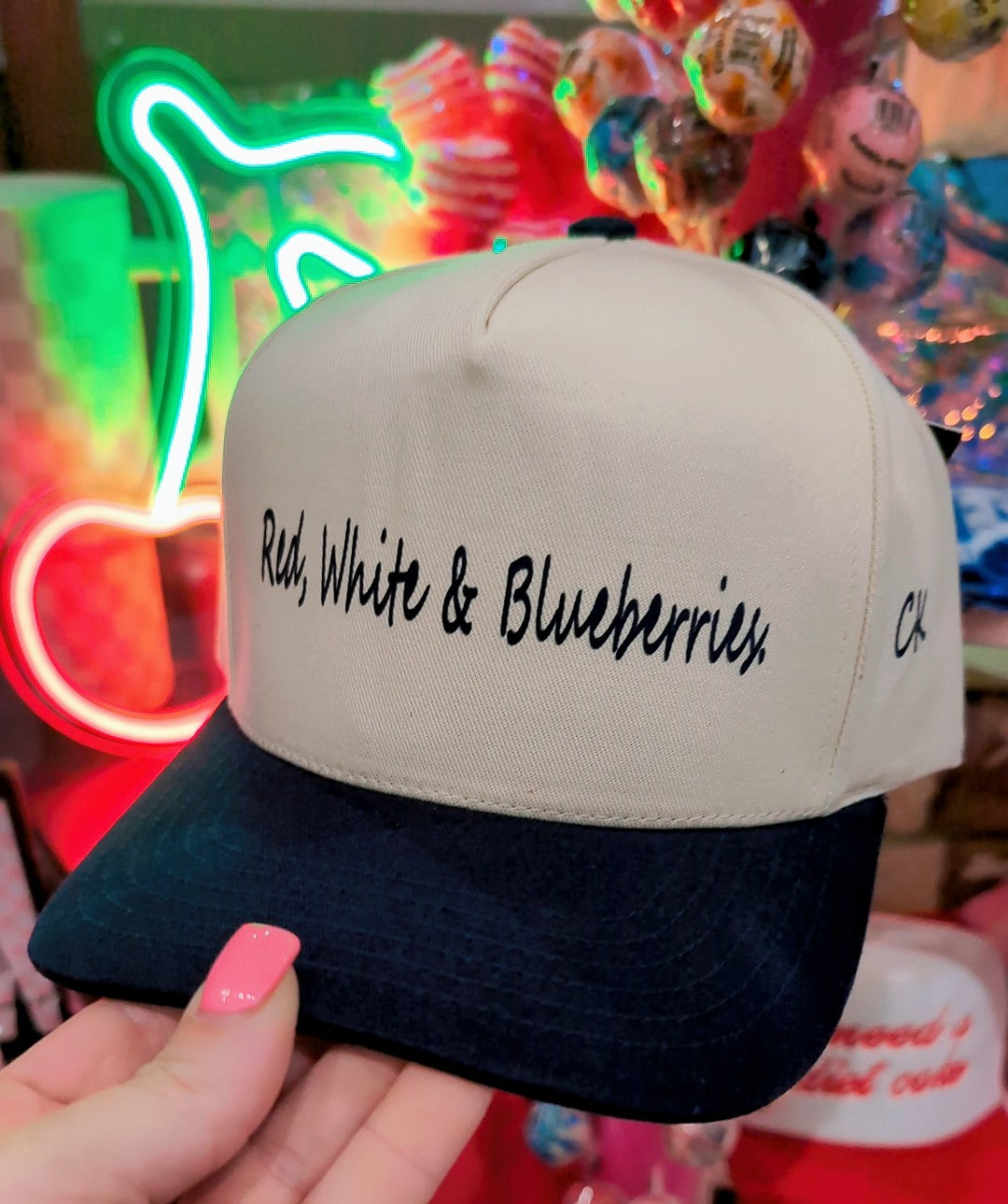 Red white and blueberries- Charlie Kirk Navy canvas trucker hat