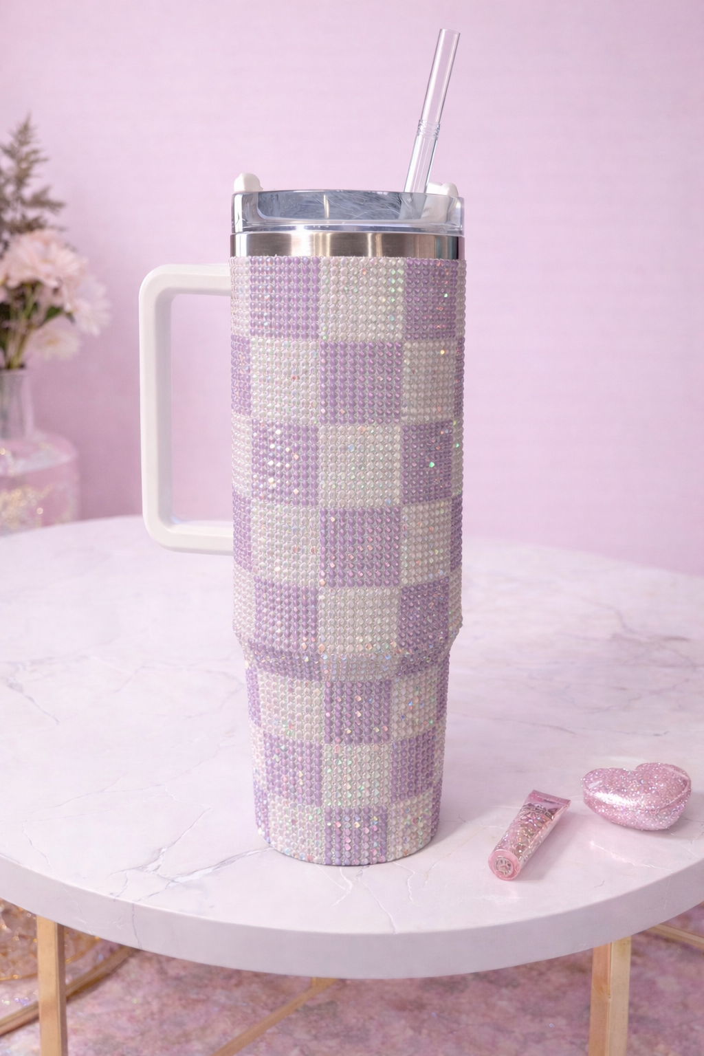 Beautiful 40 oz Rhinestoned purple checkered Tumbler