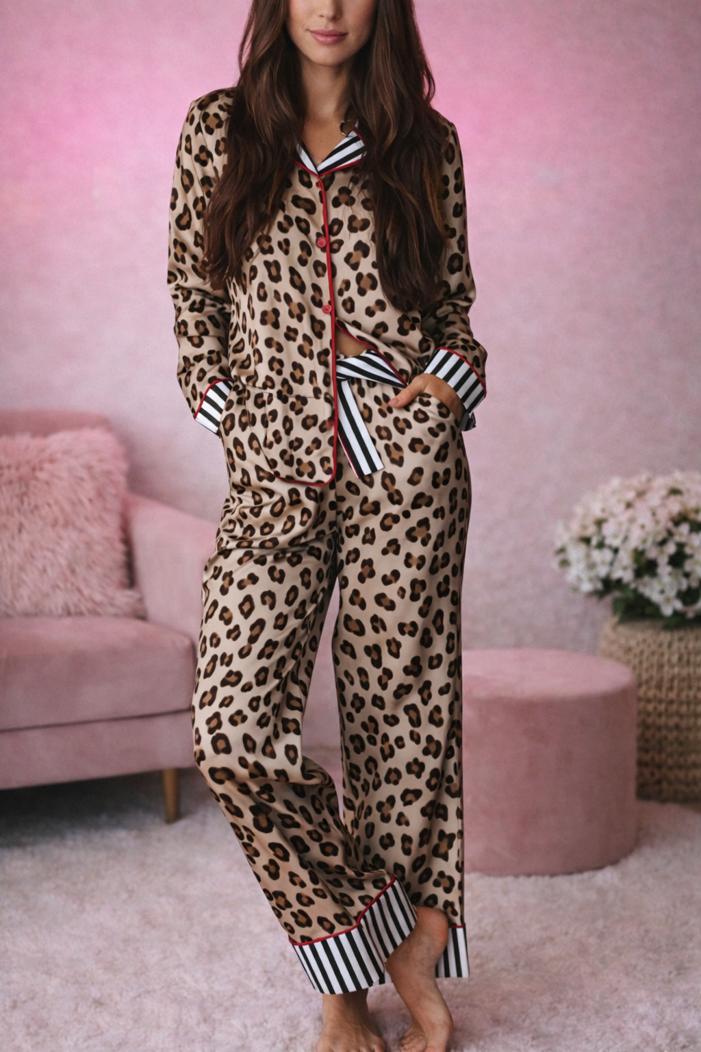 Leopard with the perfect blend on an edgy pinstripe accent pajama set