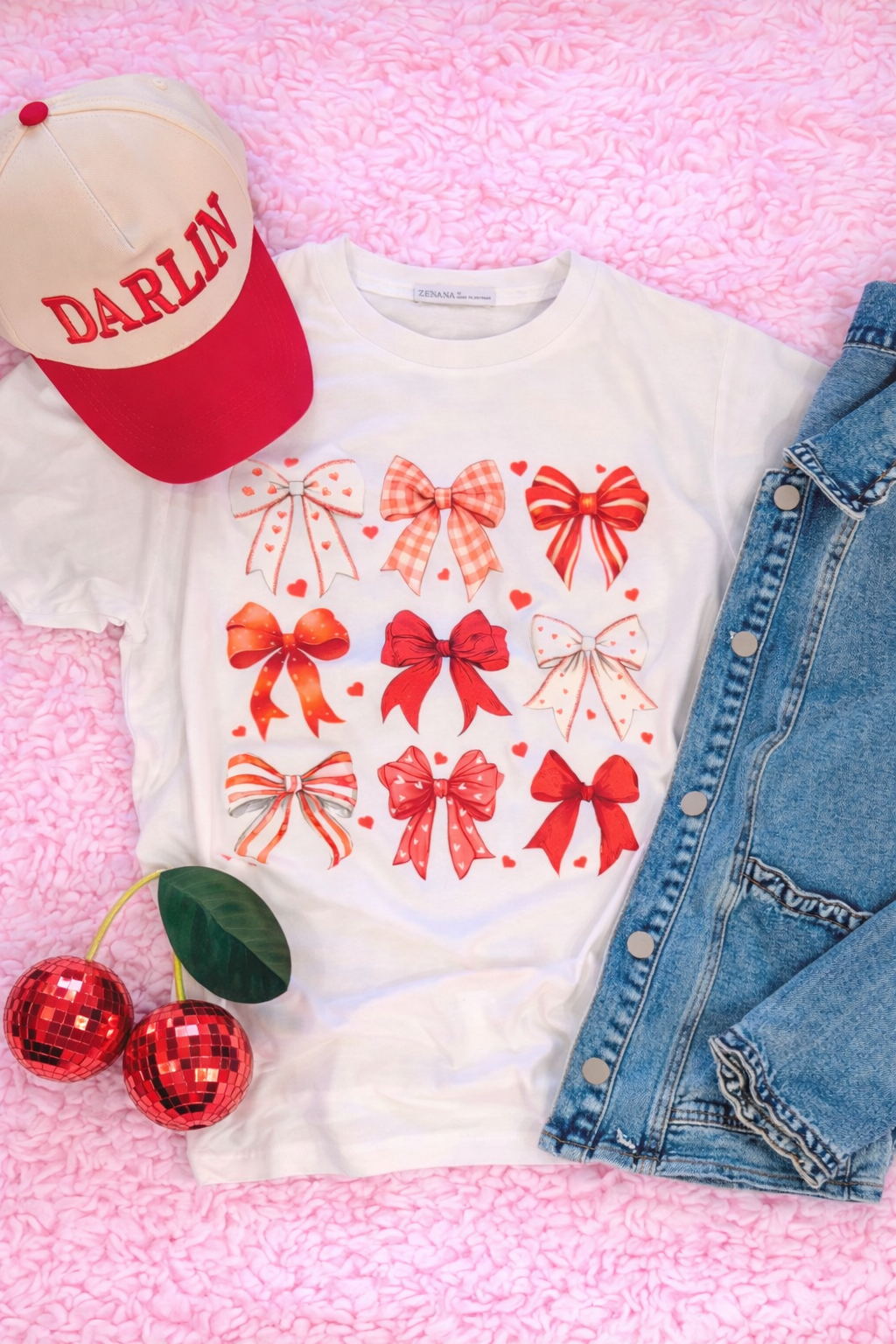 Classy red bows, On a Zenana Cotton Crew Neck Short Sleeve Long Cropped T-shirt