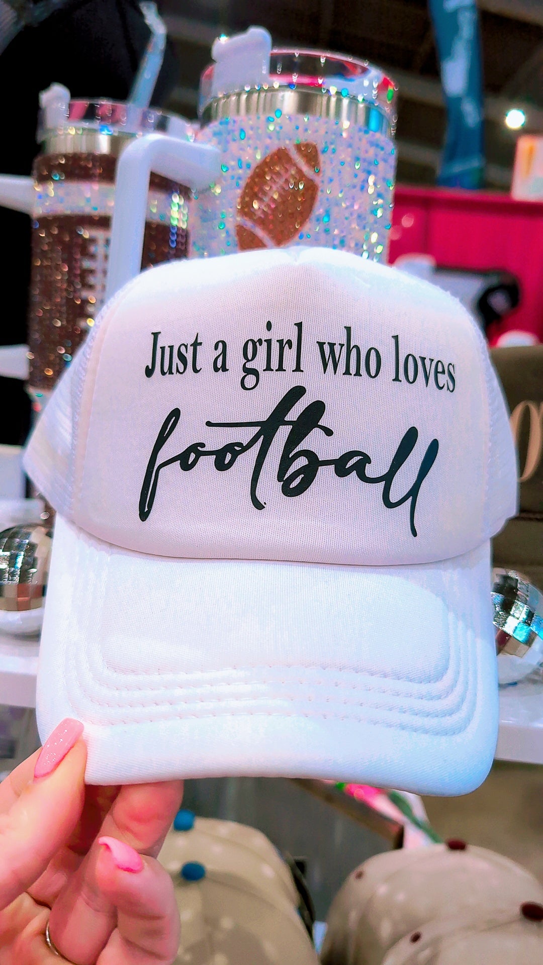 Just a girl who loves football- white trucker hat