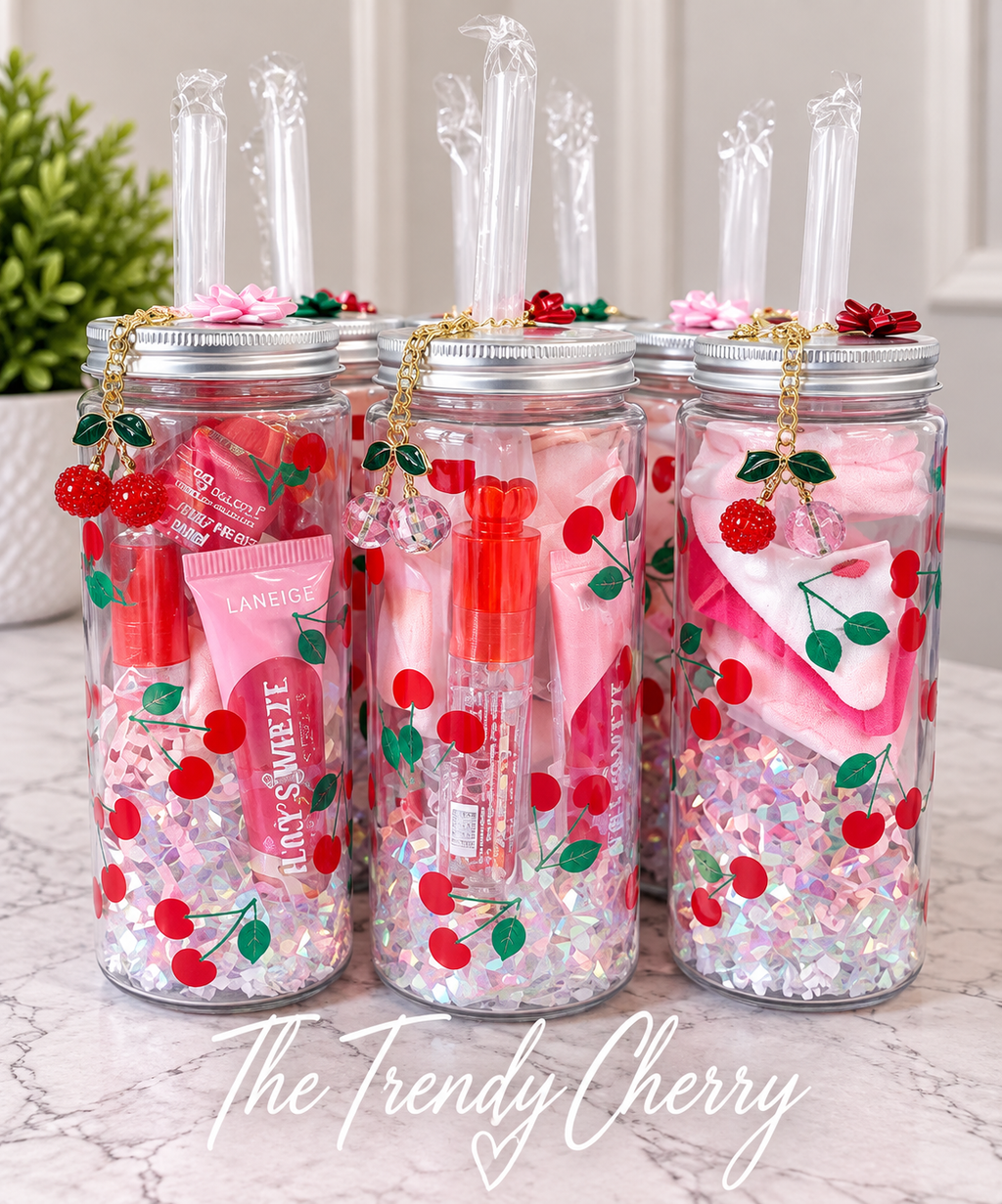 Cherry on top gift set-cherry cup with straw, lip gloss, lip balm, makeup pads, keychain