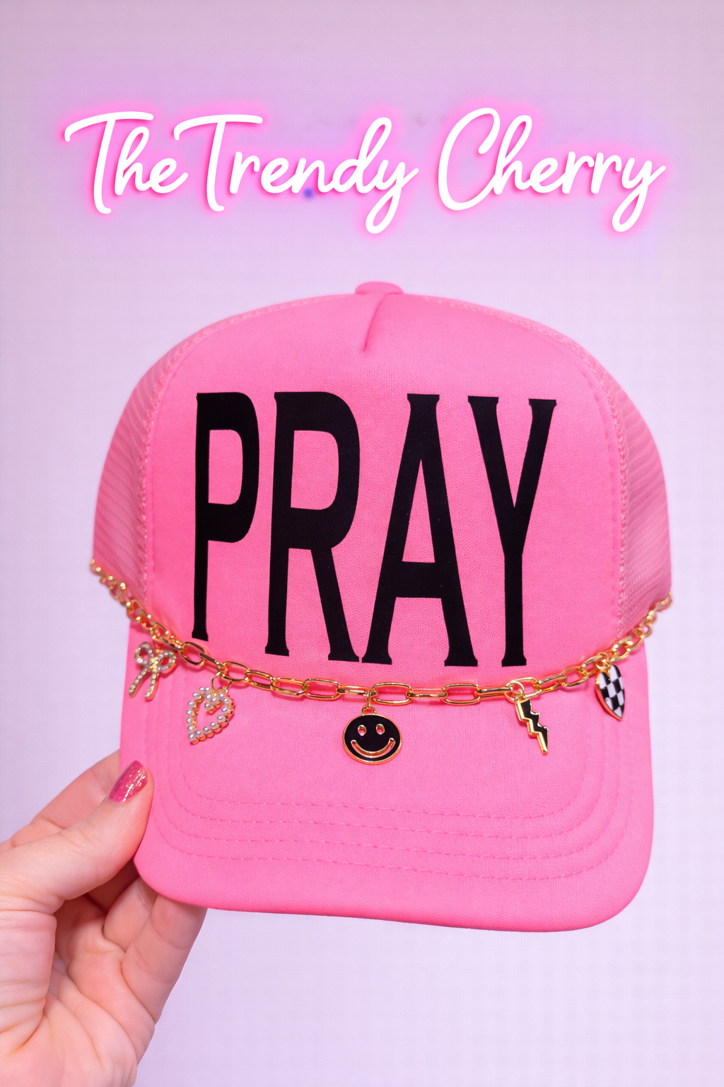 Loud and proud pink Pray trucker hat with gold chain