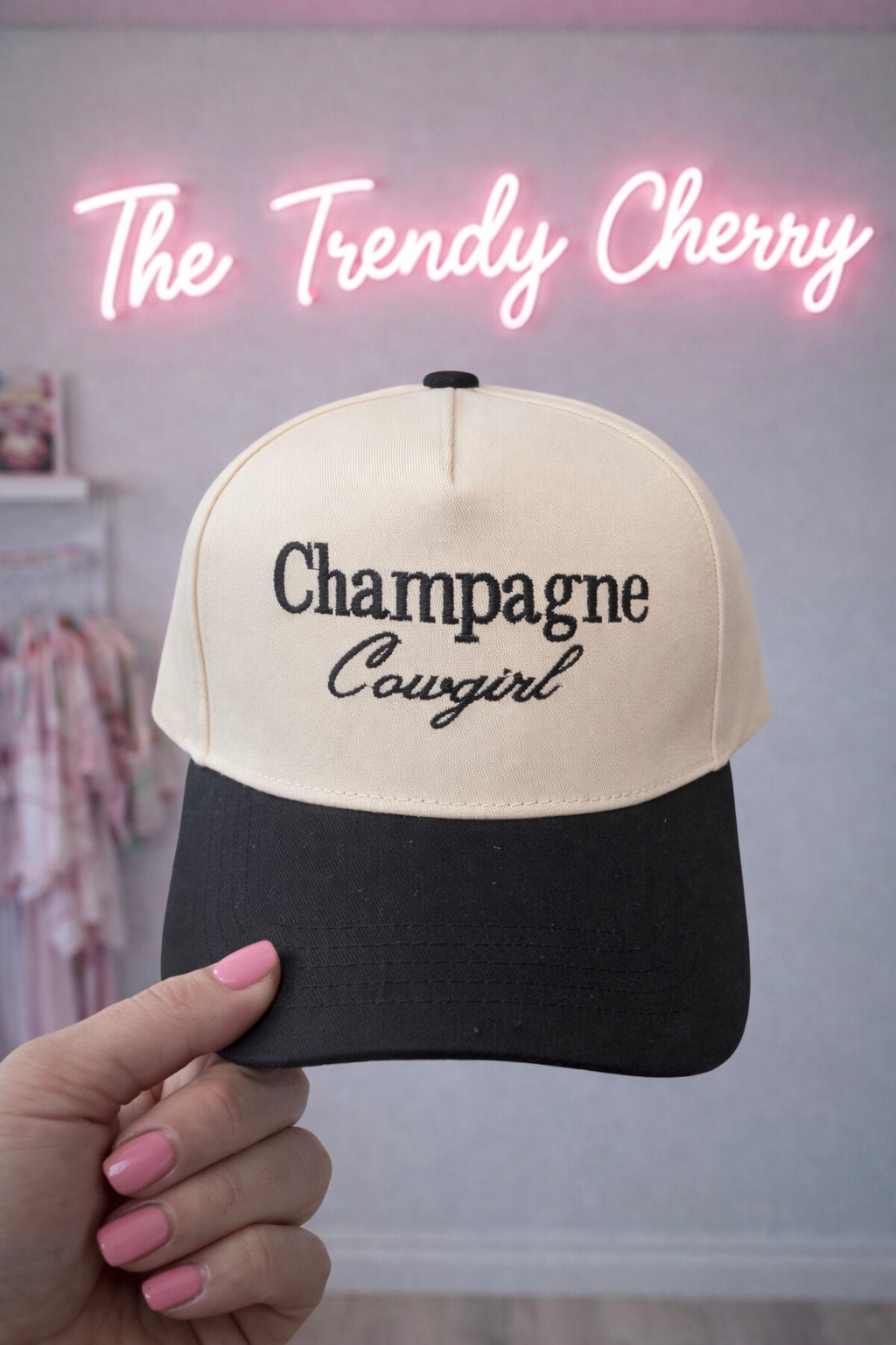 Champagne cowgirl black canvas trucker hat