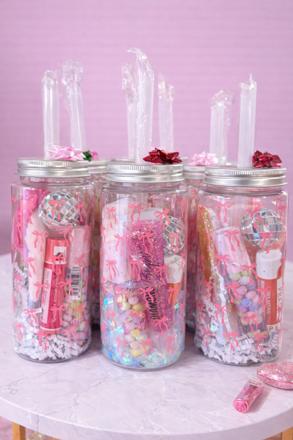 Pretty Pink Bow gift set-bow cup with straw, lip gloss, lip balm, makeup pads, disco ball