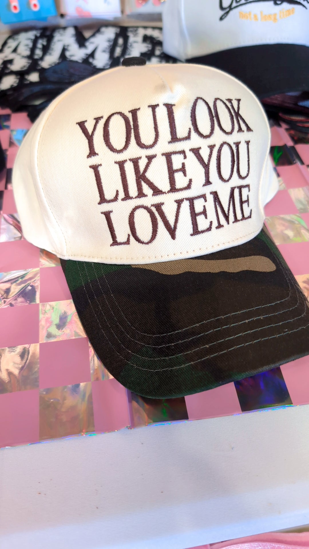 You look like you love me- canvas dark camo trucker hat