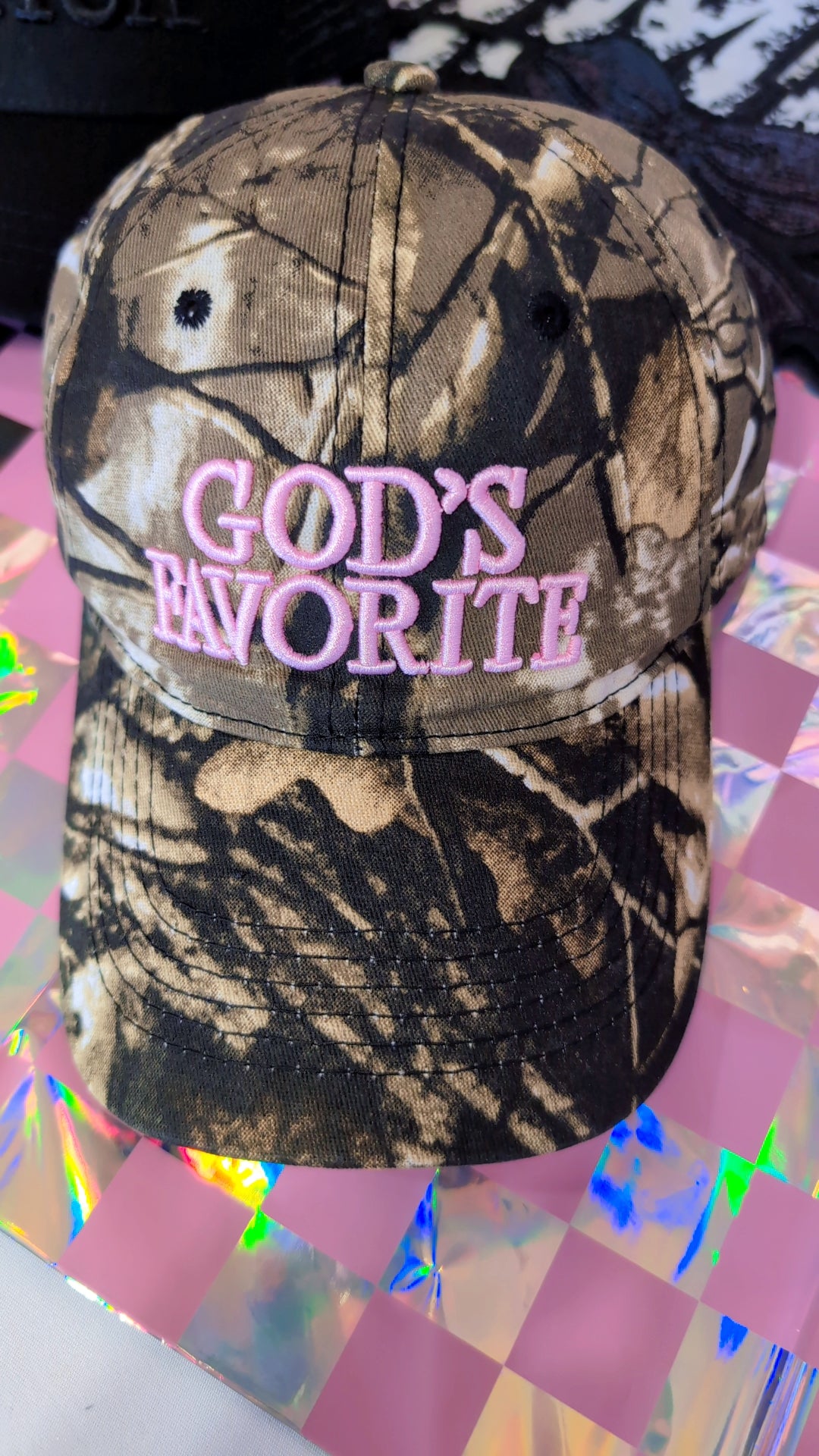 Pink God's favorite- dark camo trucker hat