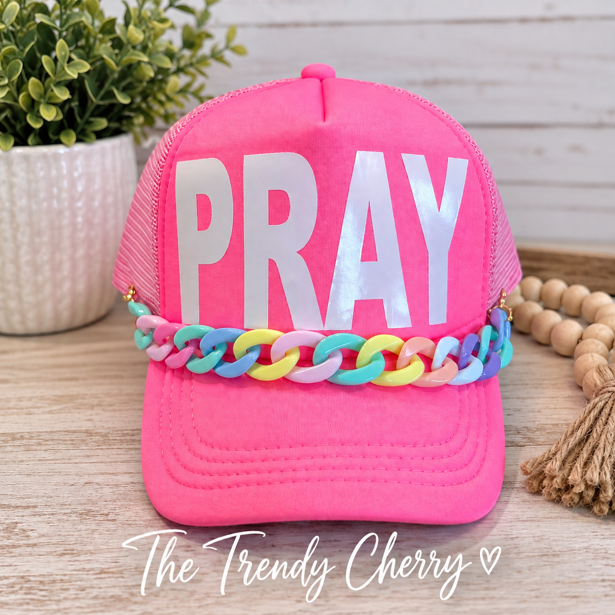 Neon Pink Pray Trucker Hat with removable hat chain