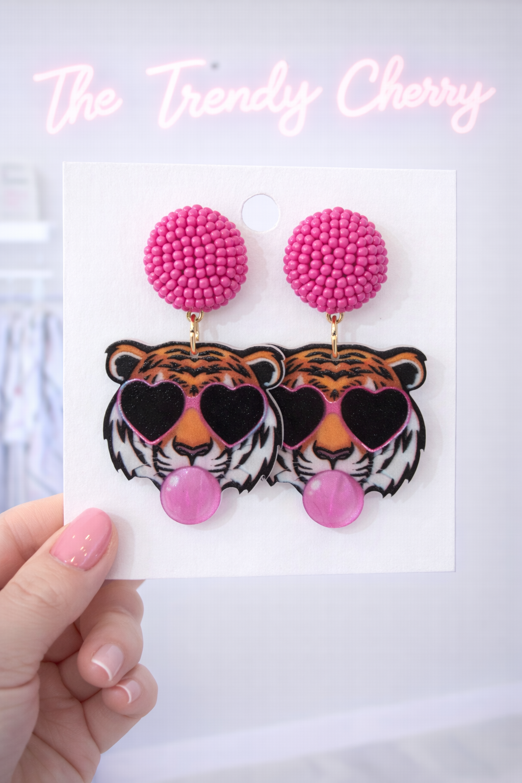 Trendy bubble gum tiger earrings