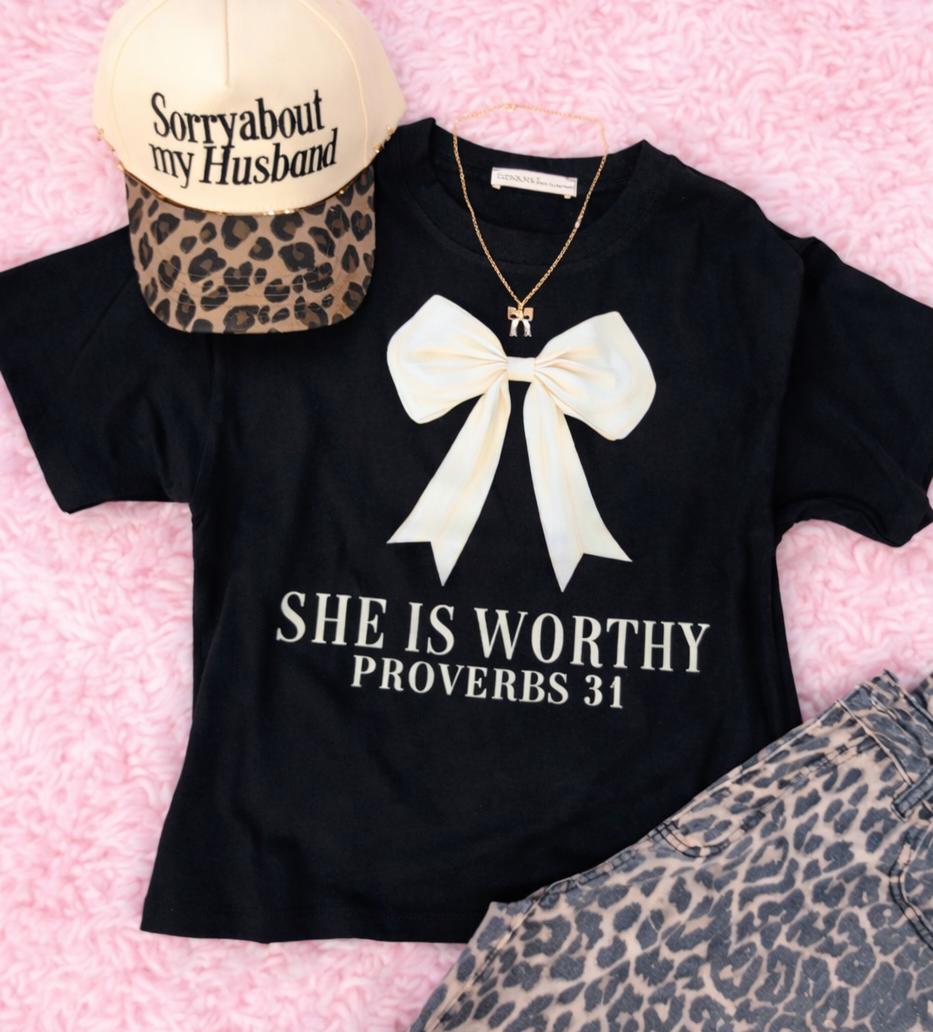 She is Worthy, white bow, Zenana Cotton Crew Neck Short Sleeve Long Cropped T-shirt (Copy) (Copy) (Copy)
