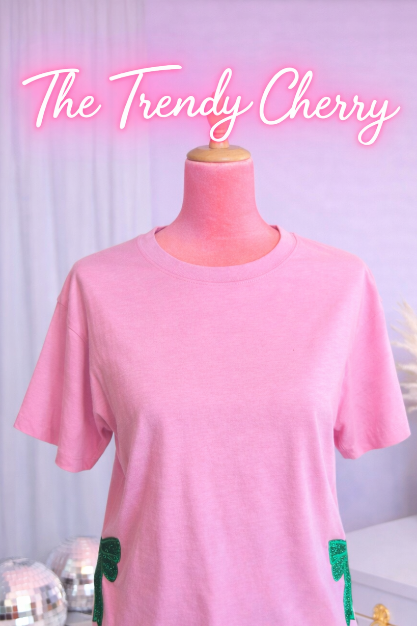 Zenana Cropped Heather Purple Green Bow Patch Sides