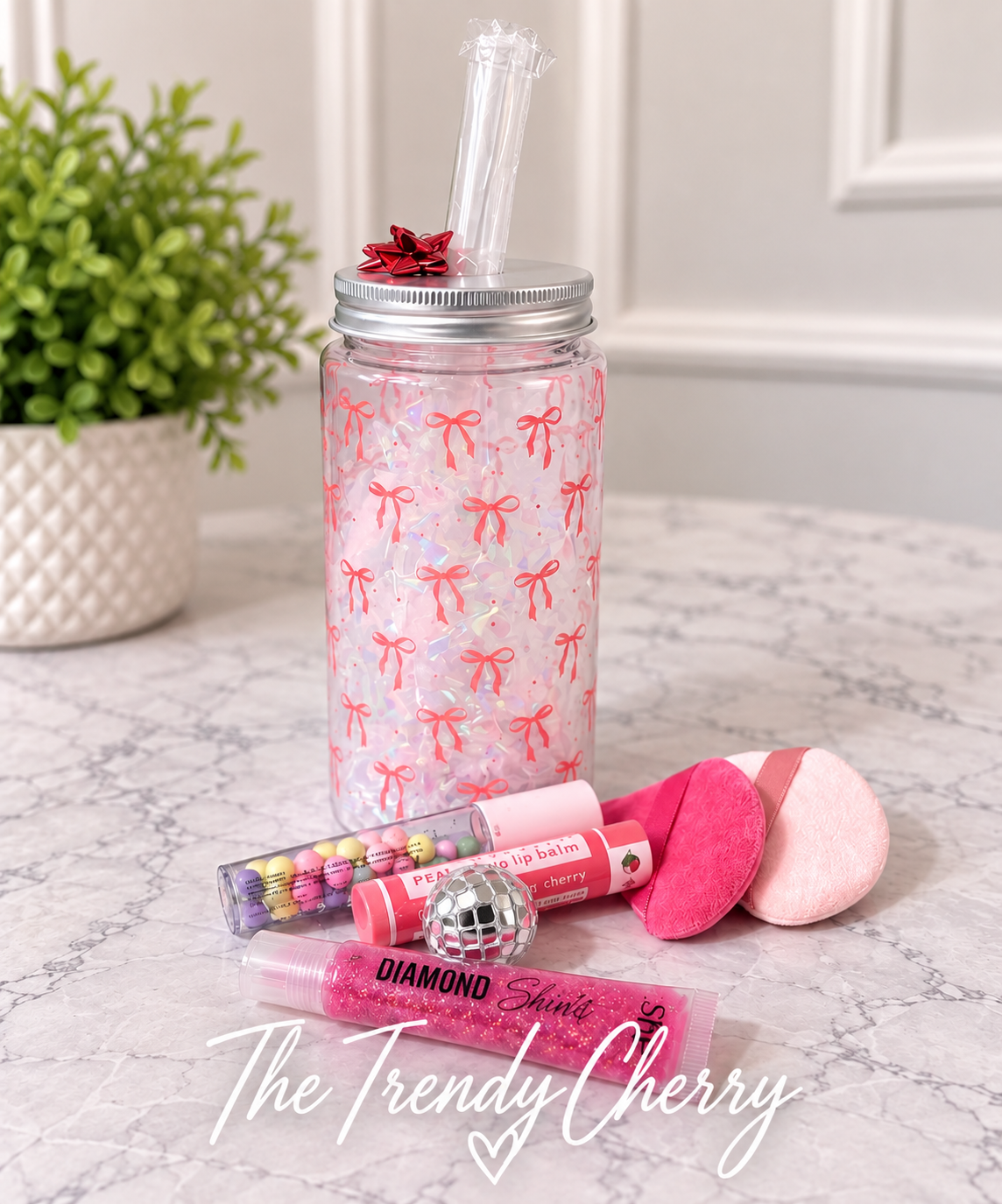 Pretty Pink Bow gift set-bow cup with straw, lip gloss, lip balm, makeup pads, disco ball