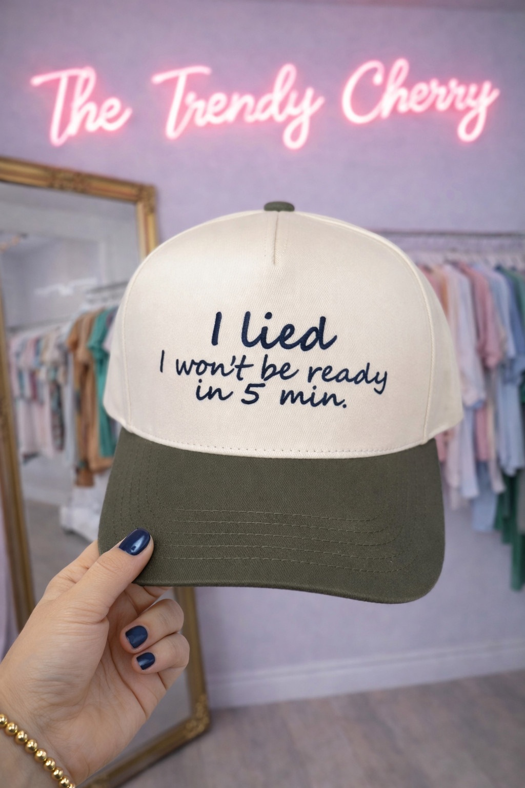 I lied. I won't be ready in 5 minutes- Olive canvas CC trucker hat