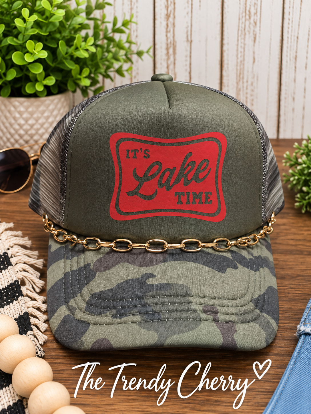 Camo, It's Lake Time Trucker Hat with removable chain
