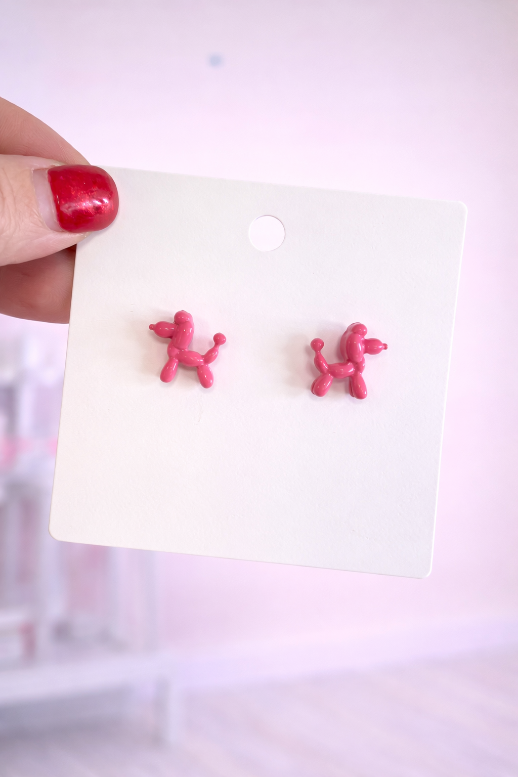 Pink balloon poodle stud earrings