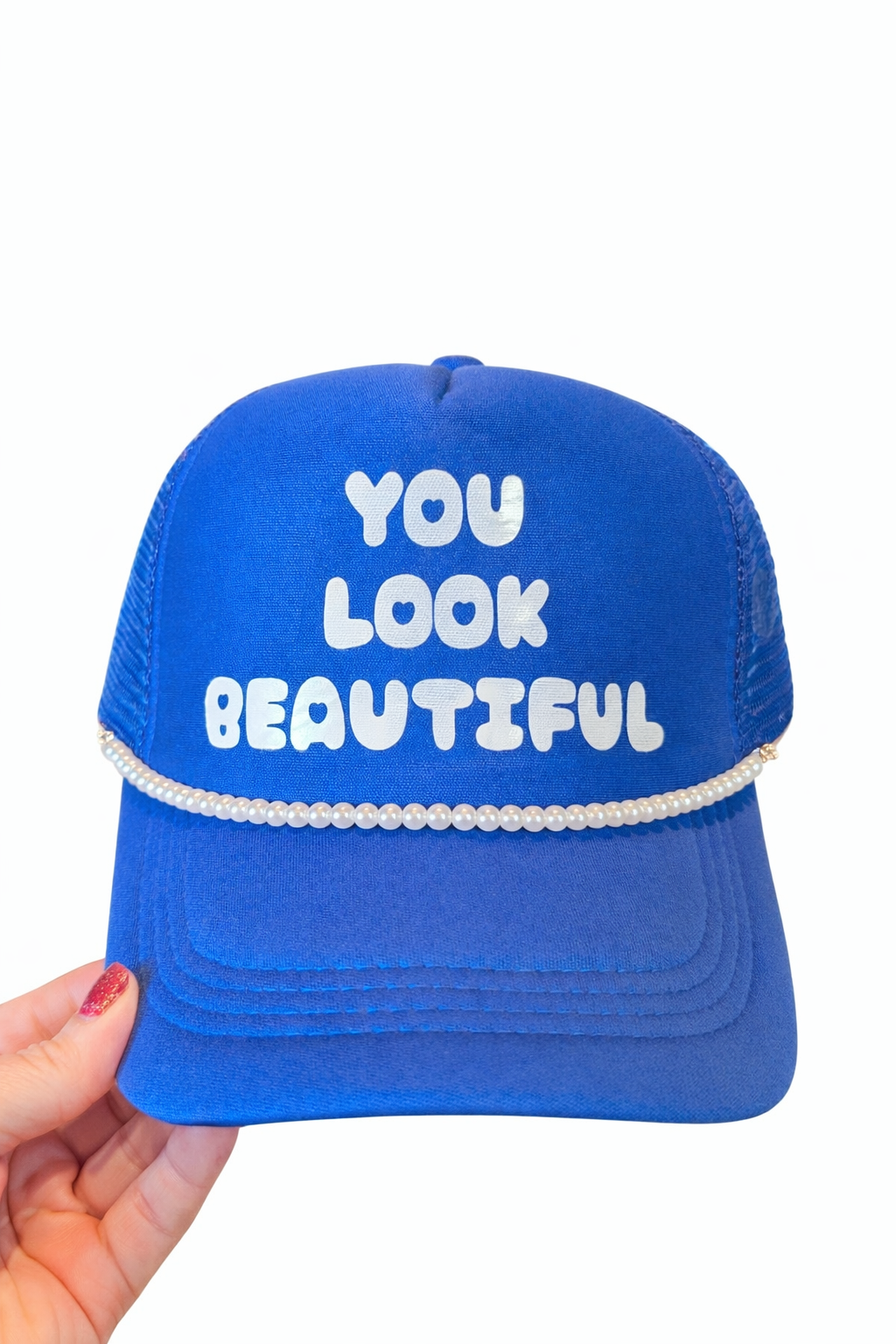 Royal blue. You look beautiful trucker hat with white pearl chain