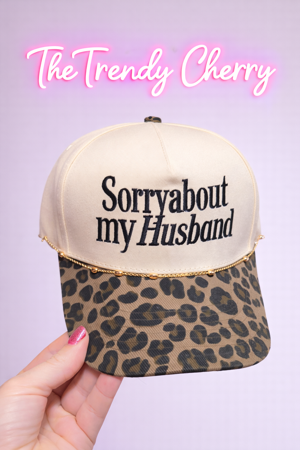 Sorry about my husband leopard print canvas trucker hat with gold chain