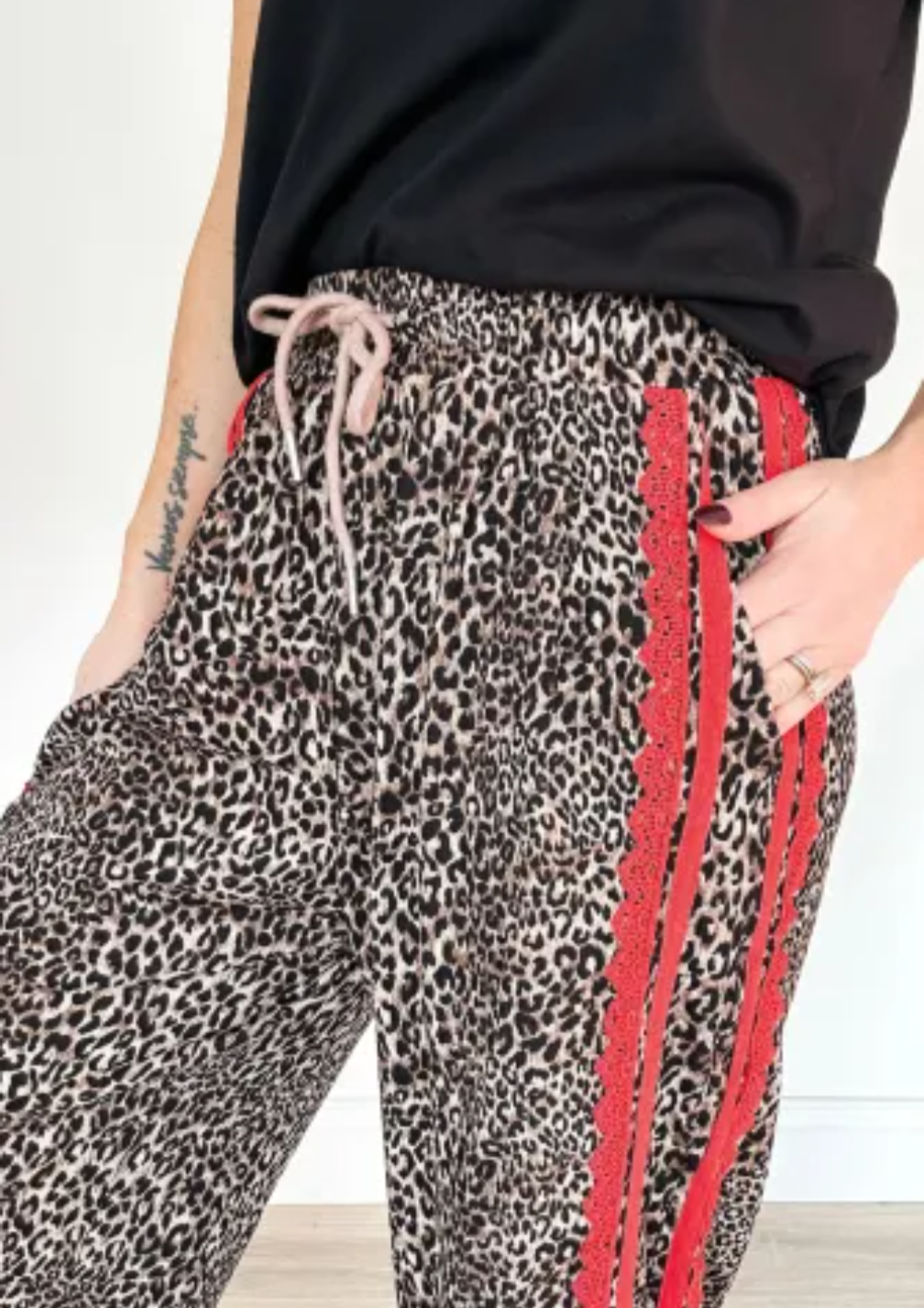Wild Leopard Print with Red Lace Striped Detail Drawstring Pants