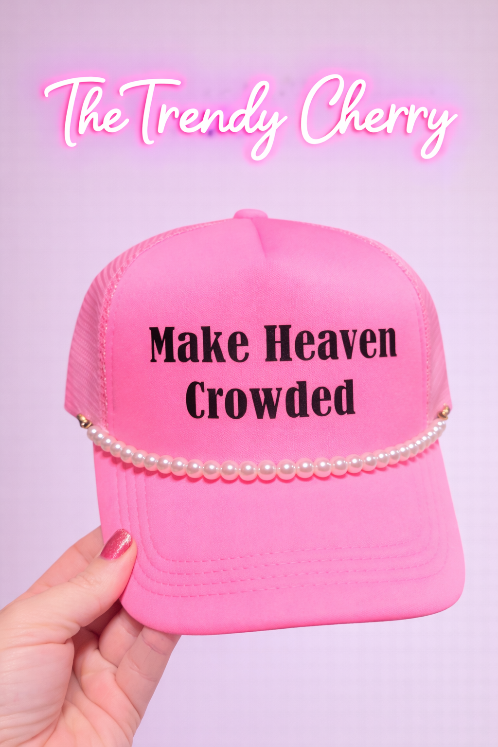 Pink Make Heaven Crowded Trucker Hat with pearl chain