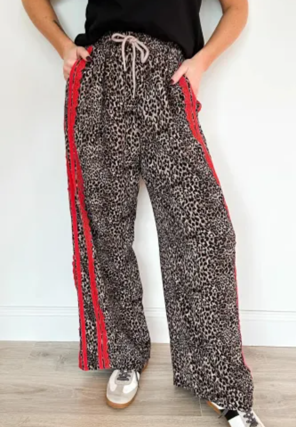 Wild Leopard Print with Red Lace Striped Detail Drawstring Pants