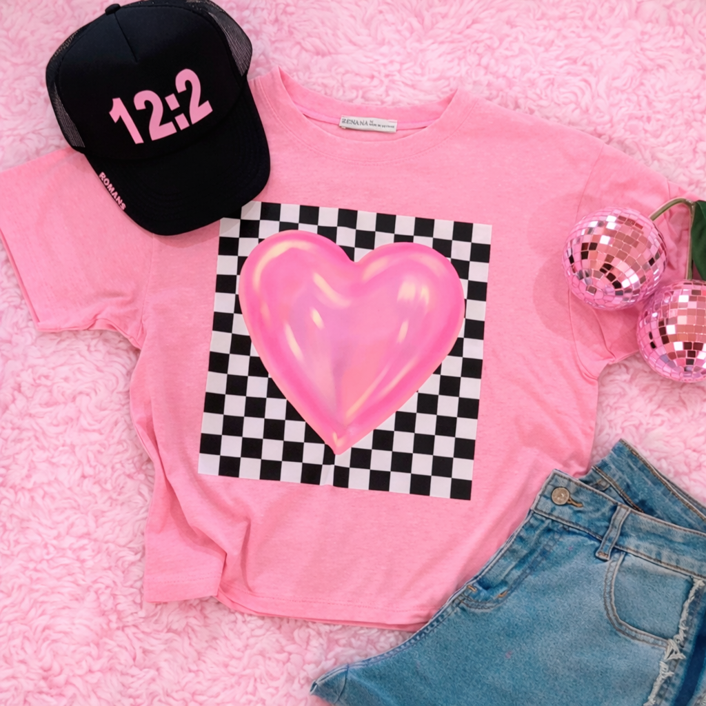 Bubble Gum Pink Checkered Heart Zenana Cotton Crew Neck Short Sleeve Long Cropped T-shirt