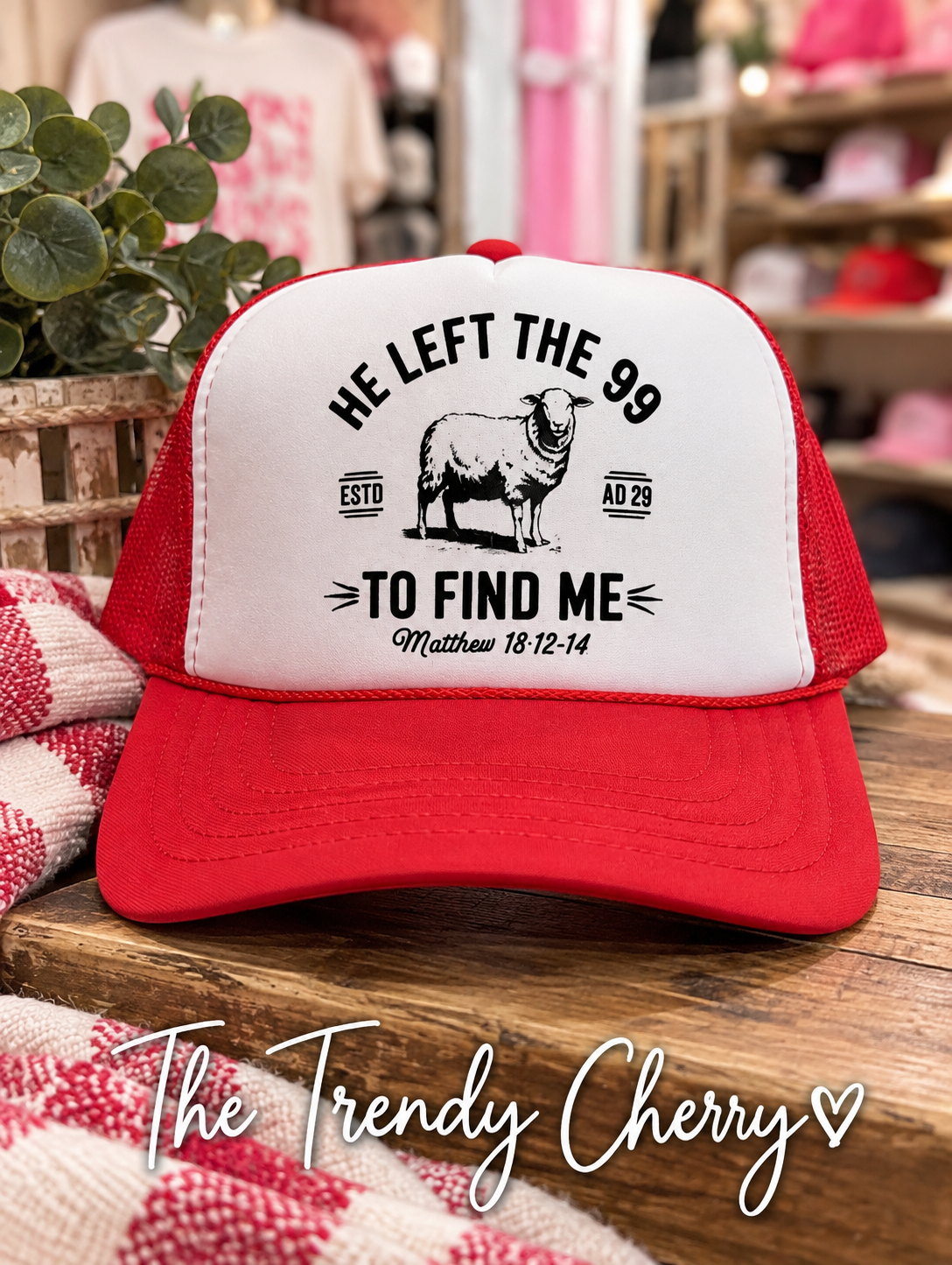 He Left 99 to Find Me Trucker hat (red)