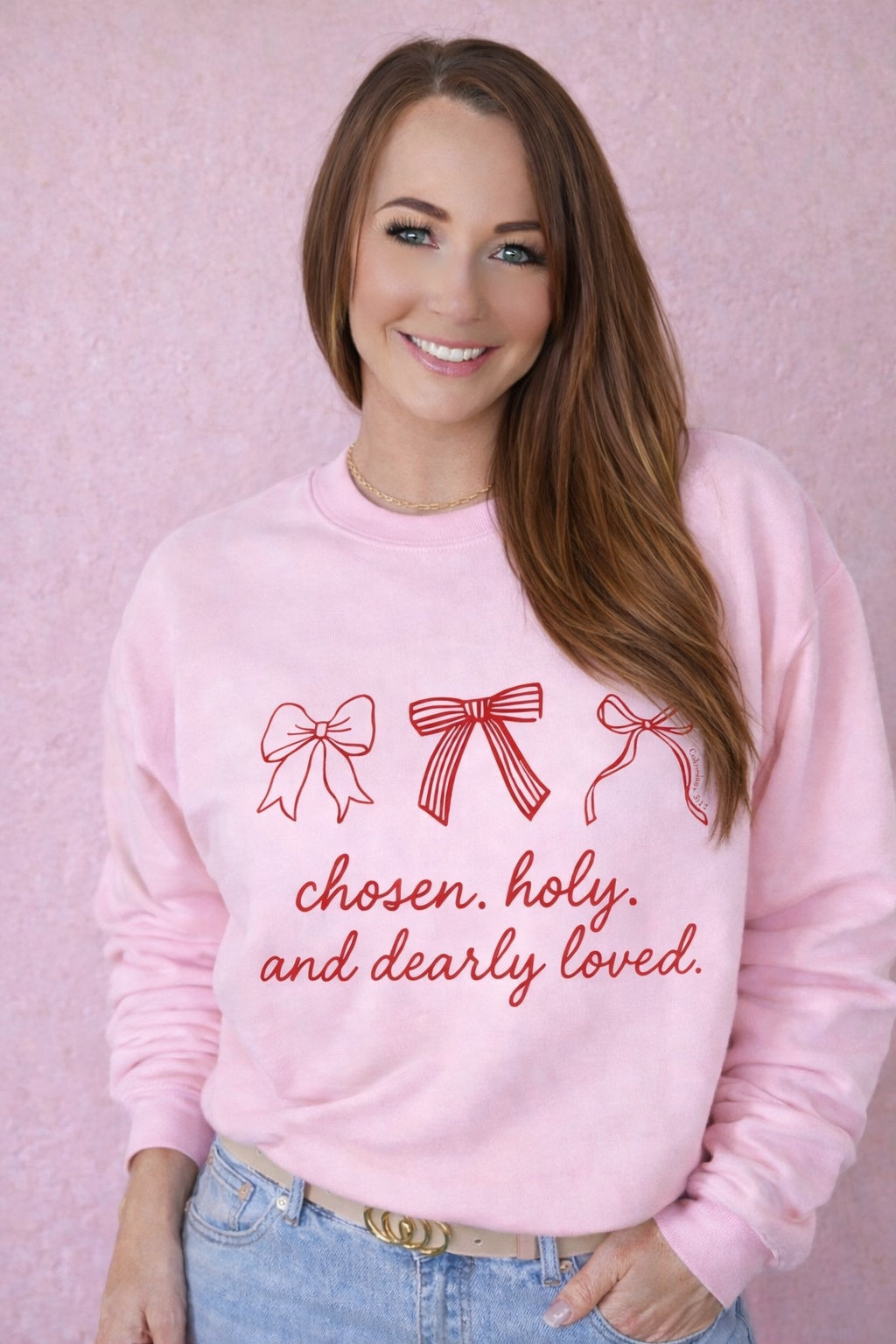A pink chosen, holy, and dearly loved sweatshirt