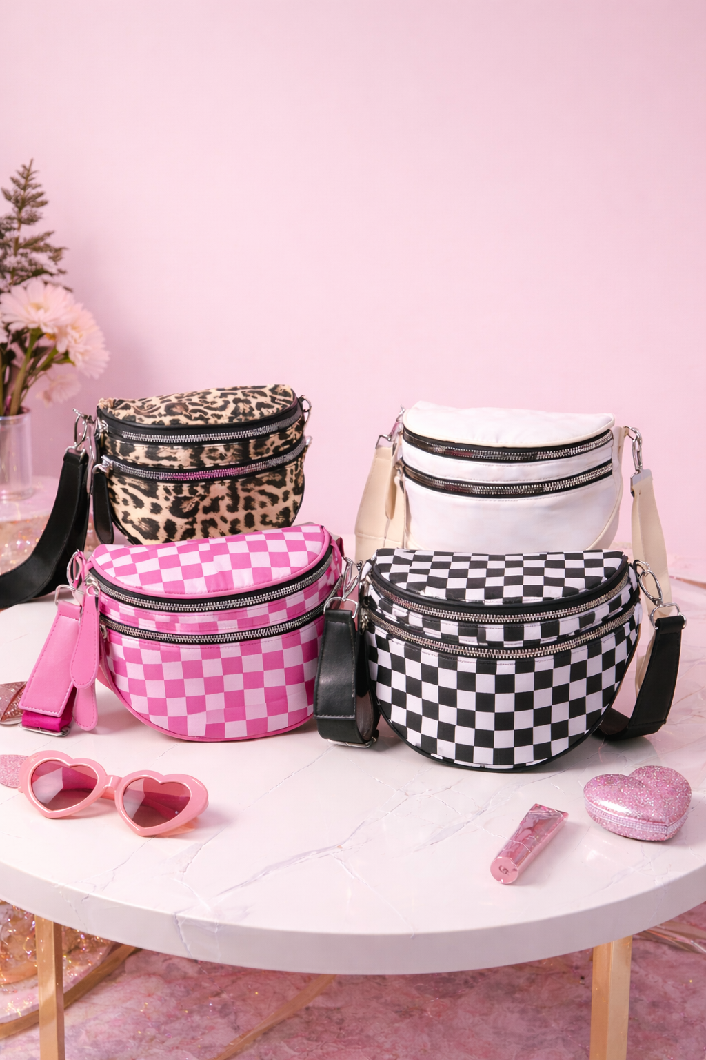 Black Checkered Double Zip Crescent Sling Bum Bag