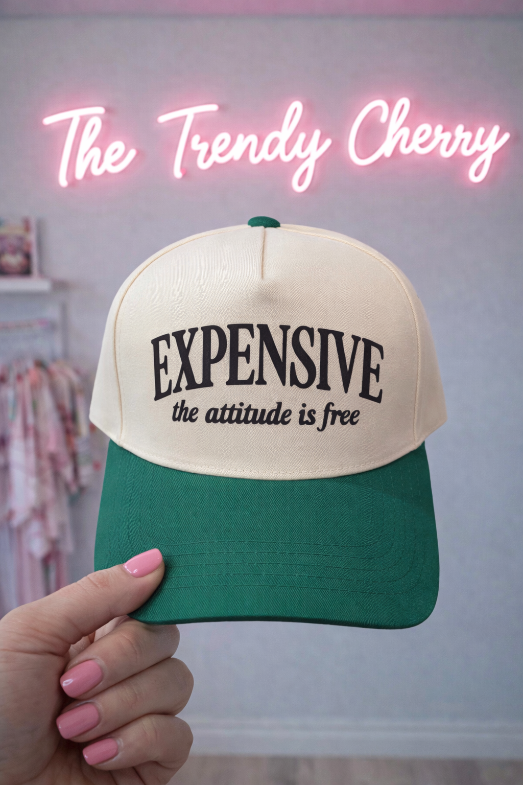 Expensive. The attitude is free green canvas trucker hat