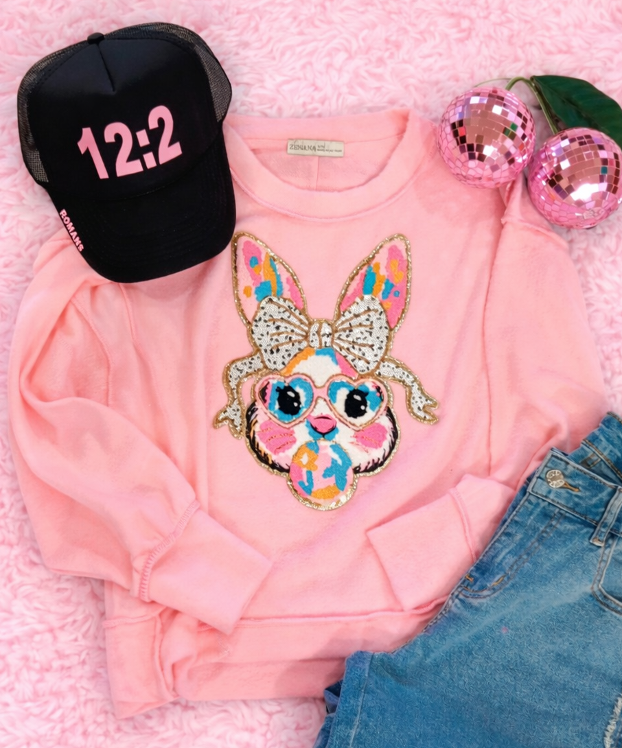 Back ordered -2 weeks Bubble Gum Easter Bunny Chenille Patch, Pink Butter Soft Zenana Sweatshirt
