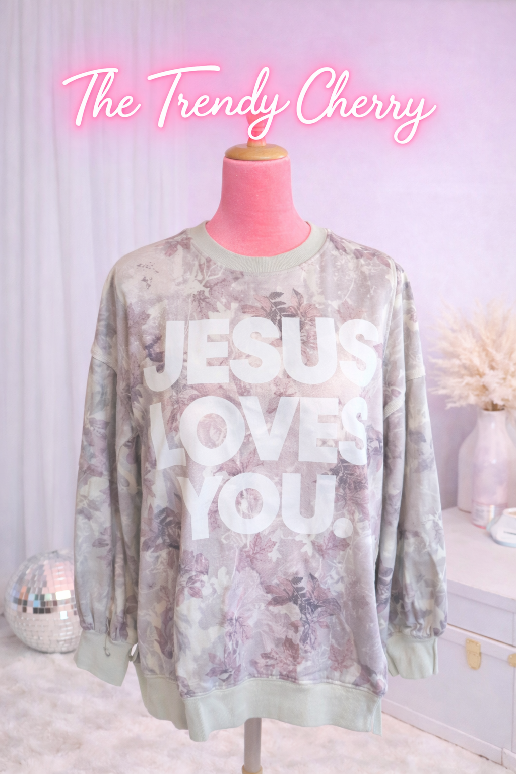 Jesus Loves You Gray Leafy Camo Print Exposed Seam Patchwork Baggy Slit Sweatshirt