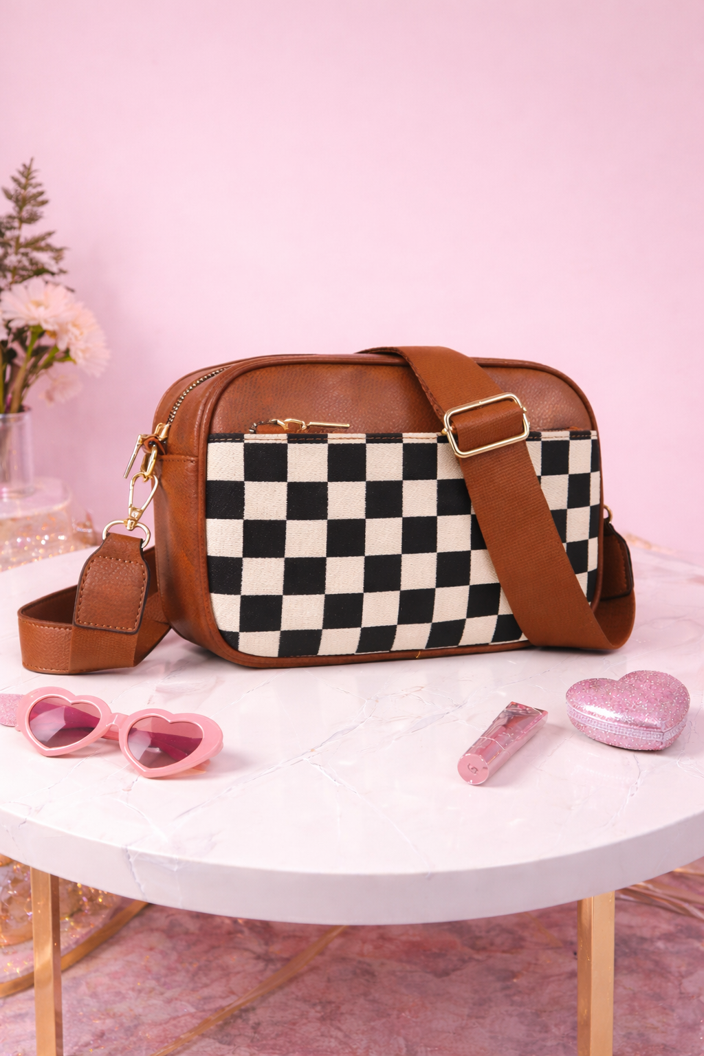 Checkered Crossbody Camera Bag- Camel