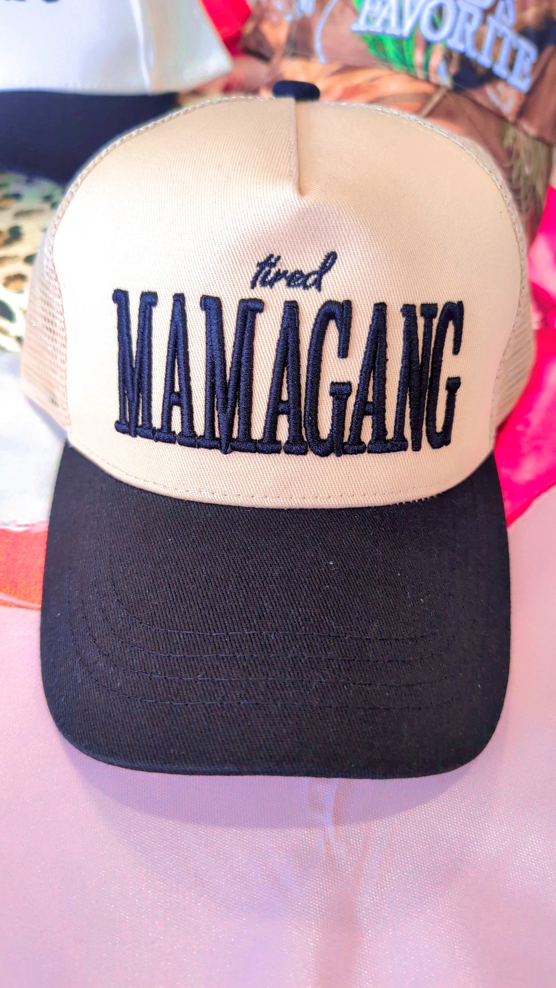 Tired Mamagang canvas black trucker hat
