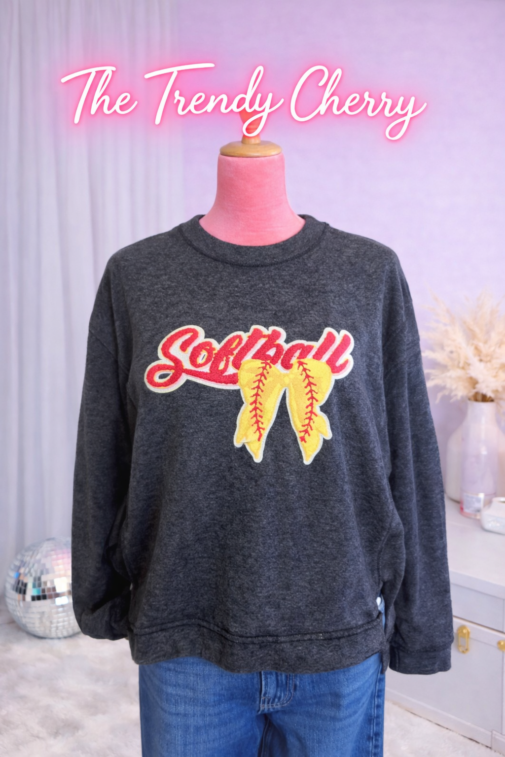 Softball Chenille Patch, Grey Butter Soft Zenana Sweatshirt
