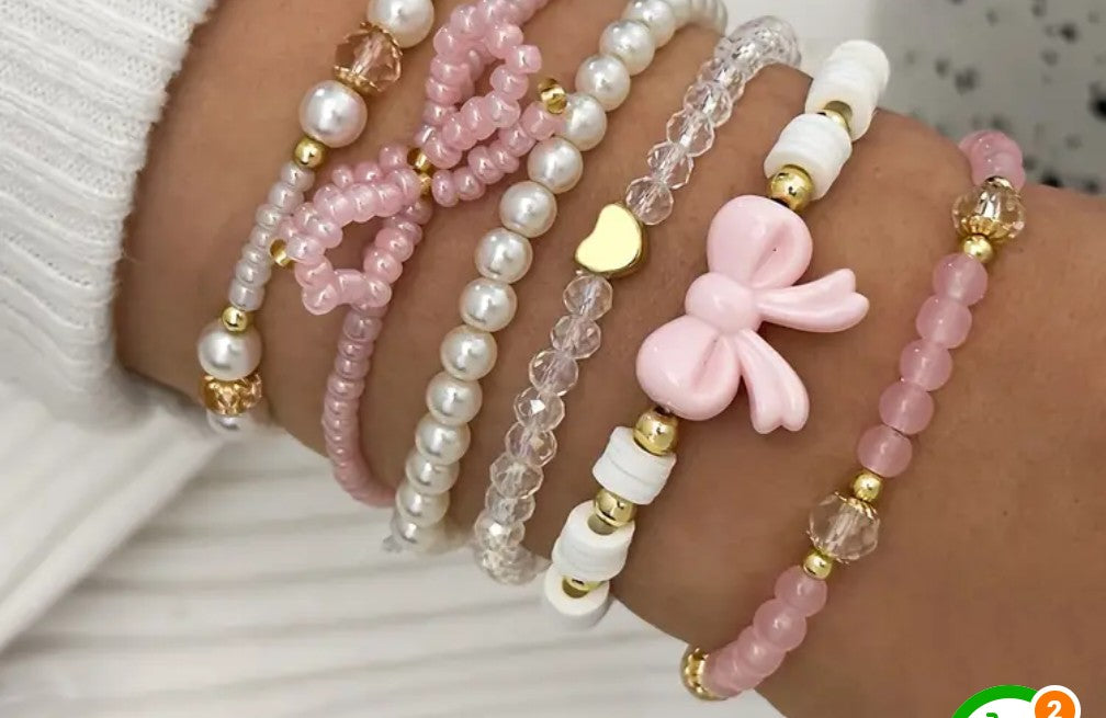 Pink and white bow bracelet set