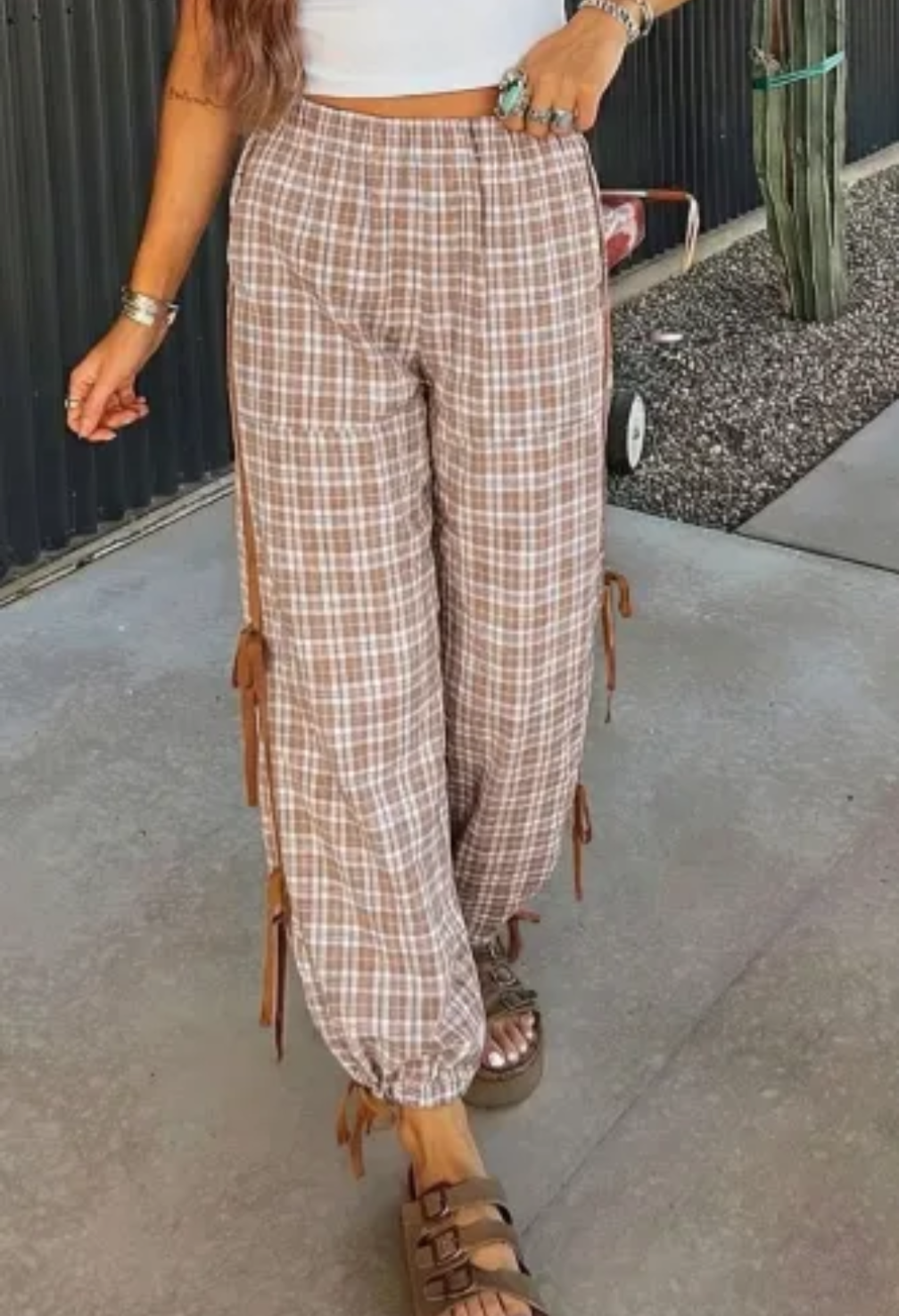 Chestnut Plaid Print Elastic Waist Bow Tie Contrast Detail Jogger Pants