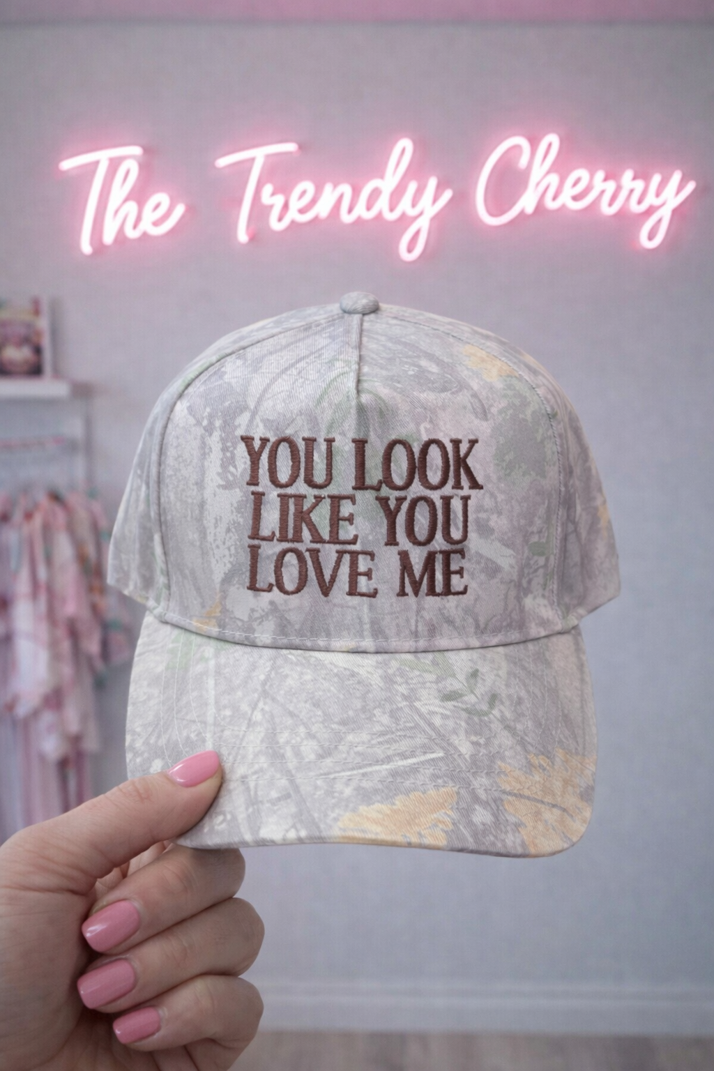 You look like you love me white camo trucker hat