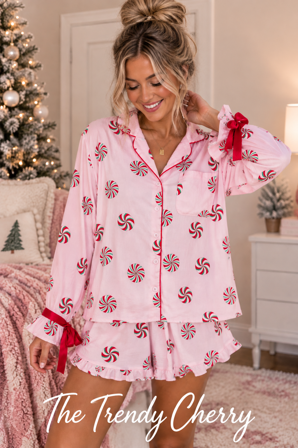 Pink and Red Christmas Candy Swirls Pajamas Set